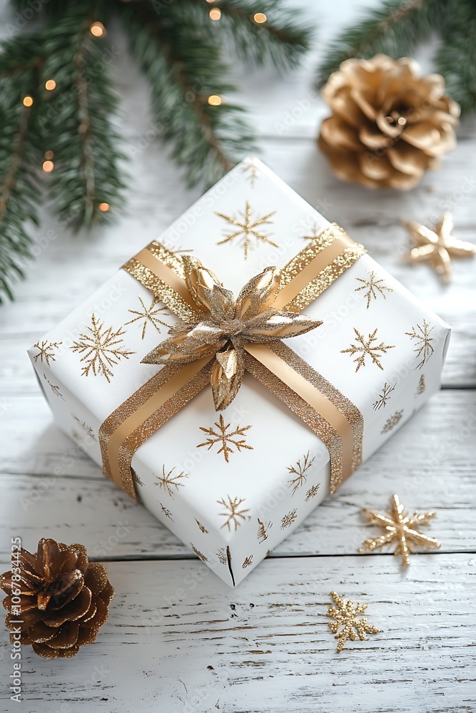 Festive Christmas background featuring a gift box and Christmas decorations on a white wooden table. Top view. Ample copy space. Festive Christmas background featuring a gift box and Christmas decorations on a white wooden table. Top view. Ample copy space.