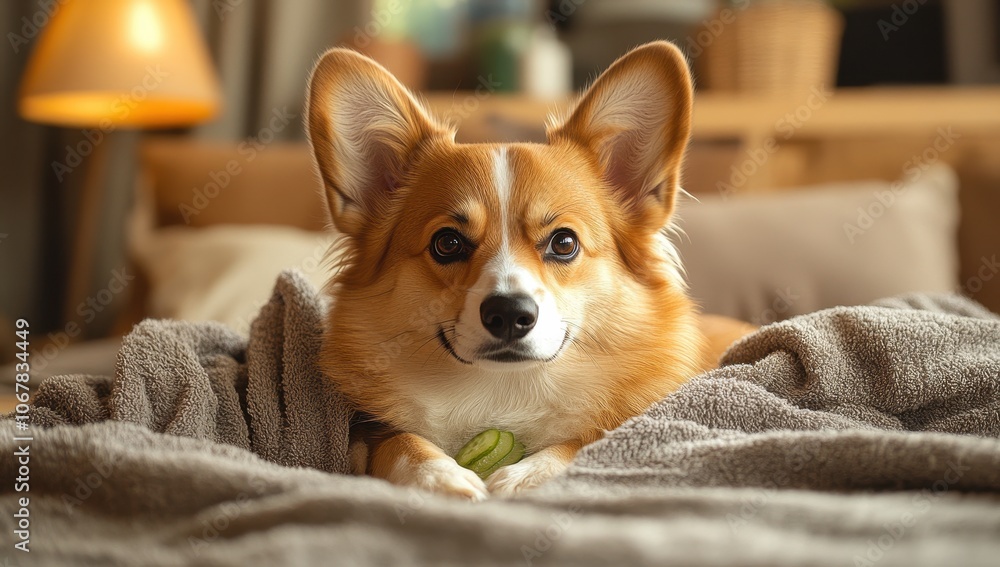 Pampered Corgi lying on a spa bed wrapped in a towel enjoying relaxation Pampered Corgi lying on a spa bed wrapped in a towel enjoying relaxation
