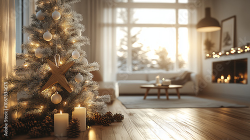 christmas, season, holiday, living room, snow, forest, christmas decoration, christmas tree, fir tree, decoration, ornament, stylish, modern, cool, luxury, night view, sunset, candle, fireplace