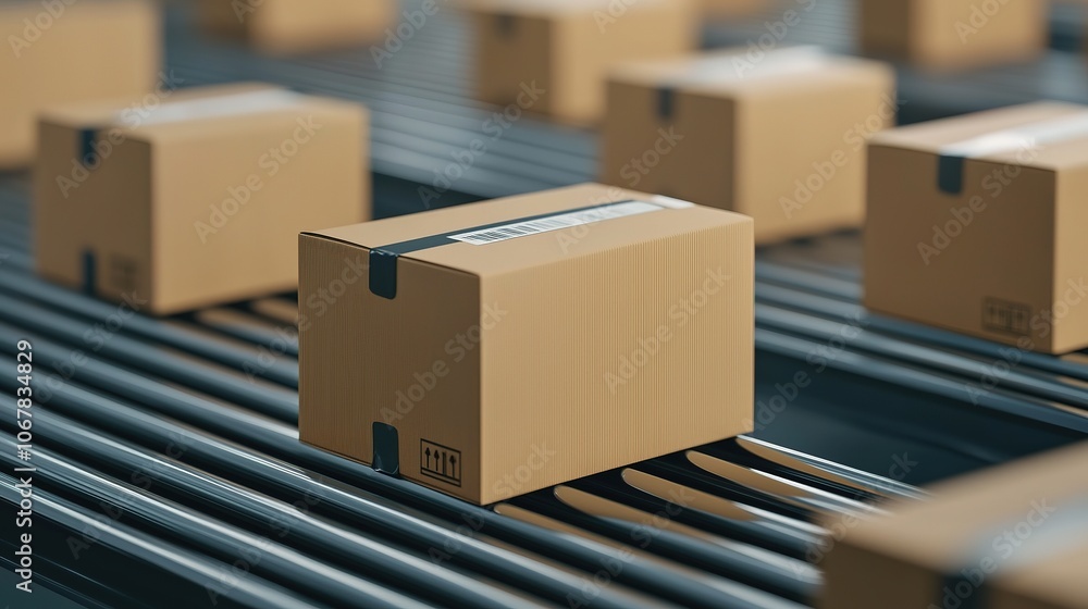A row of neatly arranged cardboard boxes on conveyor belts, showcasing a busy shipping or logistics operation. A row of neatly arranged cardboard boxes on conveyor belts, showcasing a busy shipping or logistics operation.