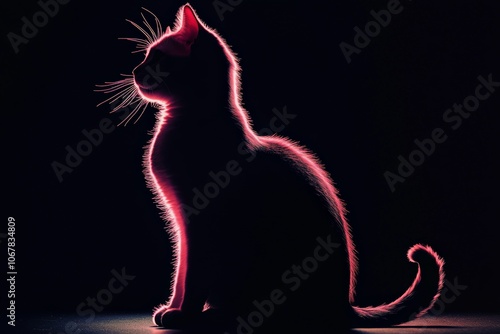 A captivating image of a cat in silhouette with a radiant neon pink glowing outline, creating a striking and mysterious visual effect against a dark background. photo