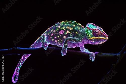 Rainbow-hued chameleon sparkles in an elaborate neon design while perched on a branch, showcasing vivid colors and intricate patterns against a dark setting. photo