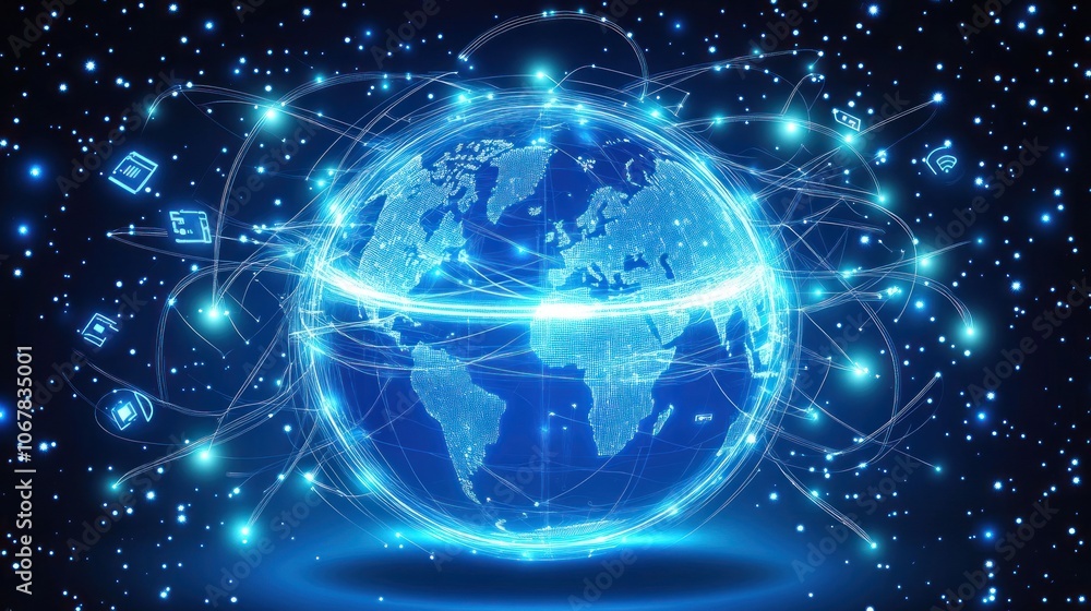 A glowing blue earth globe with connected lines and digital icons, representing global communication and interconnectedness. A glowing blue earth globe with connected lines and digital icons, representing global communication and interconnectedness.
