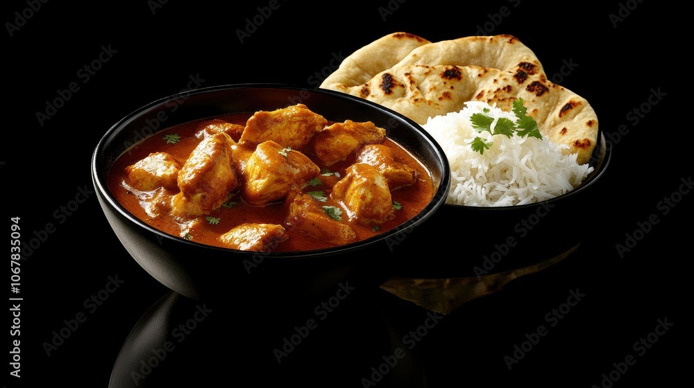 A delicious bowl of chicken curry served with a side of fluffy naan bread, set against a sleek black background for dramatic effect. A delicious bowl of chicken curry served with a side of fluffy naan bread, set against a sleek black background for dramatic effect.