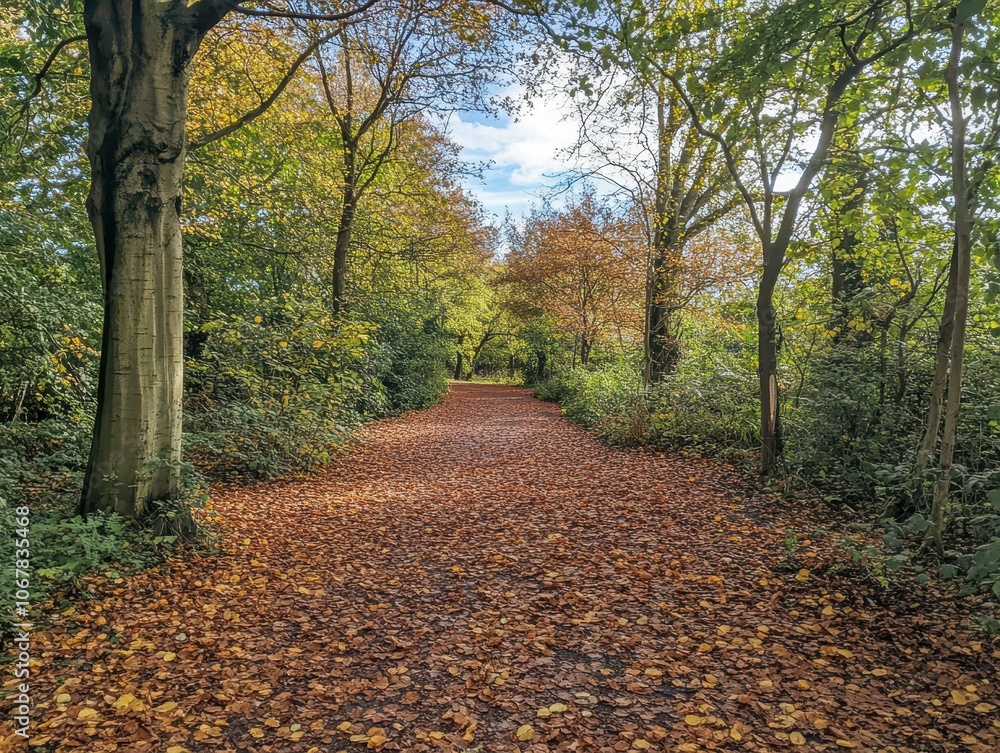 Explore the tranquil warm autumn path blanketed in colorful fallen leaves beneath a vast open sky Explore the tranquil warm autumn path blanketed in colorful fallen leaves beneath a vast open sky