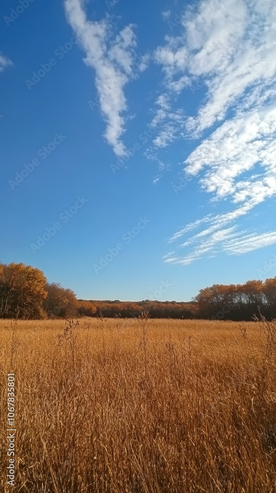 Experience the serenity of a golden autumn field with expansive sky for reflection Experience the serenity of a golden autumn field with expansive sky for reflection