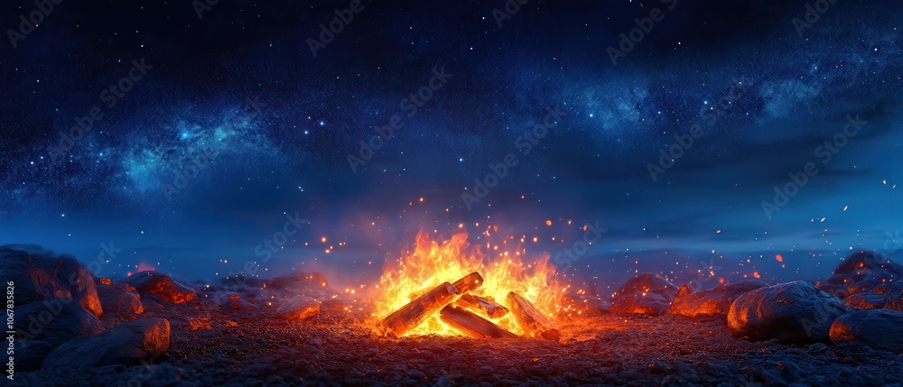 Experience the cozy warmth of a campfire glowing under a starry sky Experience the cozy warmth of a campfire glowing under a starry sky