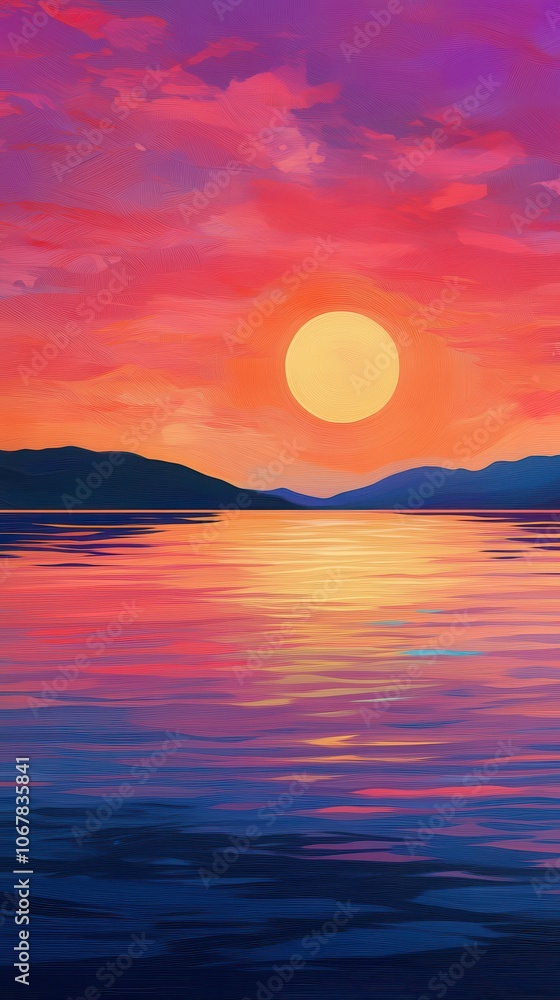 Experience the tranquility of a vibrant sunset reflected on a calm lake with space for your text Experience the tranquility of a vibrant sunset reflected on a calm lake with space for your text