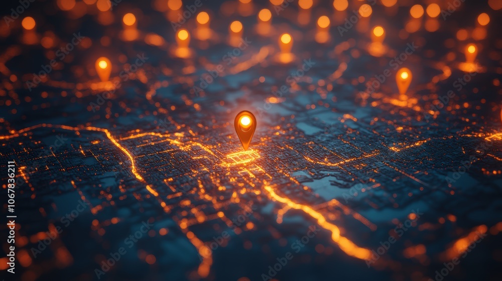 A glowing neon orange and blue map pin on a dark city map with other pins in the background A glowing neon orange and blue map pin on a dark city map with other pins in the background