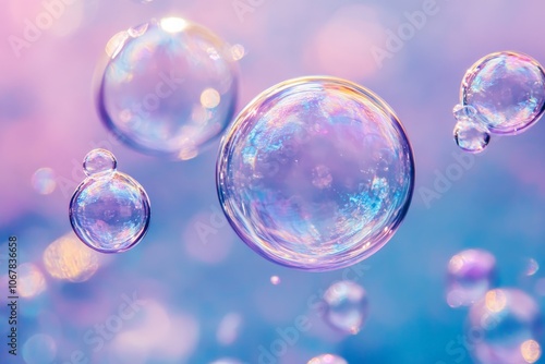 A collection of vibrant, iridescent soap bubbles drift in the air against a dreamy, pastel-colored background, symbolizing whimsy and the fleeting nature of beauty.