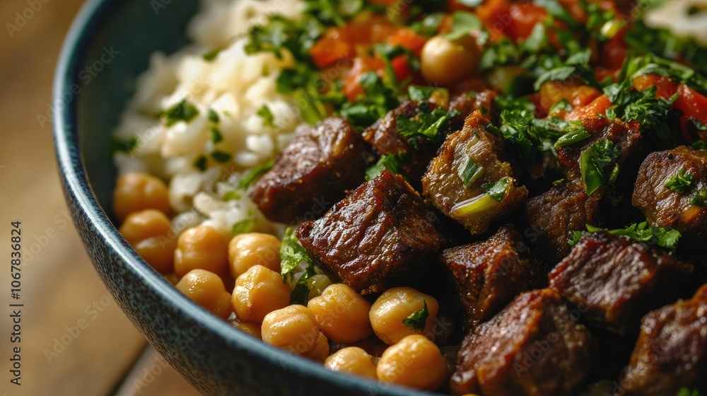 A vibrant close-up shot of a bowl featuring seasoned rice, chickpeas, and succulent beef cubes, perfect for food enthusiasts and culinary photography. A vibrant close-up shot of a bowl featuring seasoned rice, chickpeas, and succulent beef cubes, perfect for food enthusiasts and culinary photography.