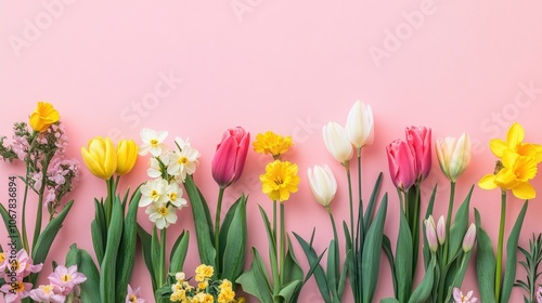 A vibrant display of spring flowers, including tulips and daffodils, creating a cheerful Easter-themed background filled with colors.