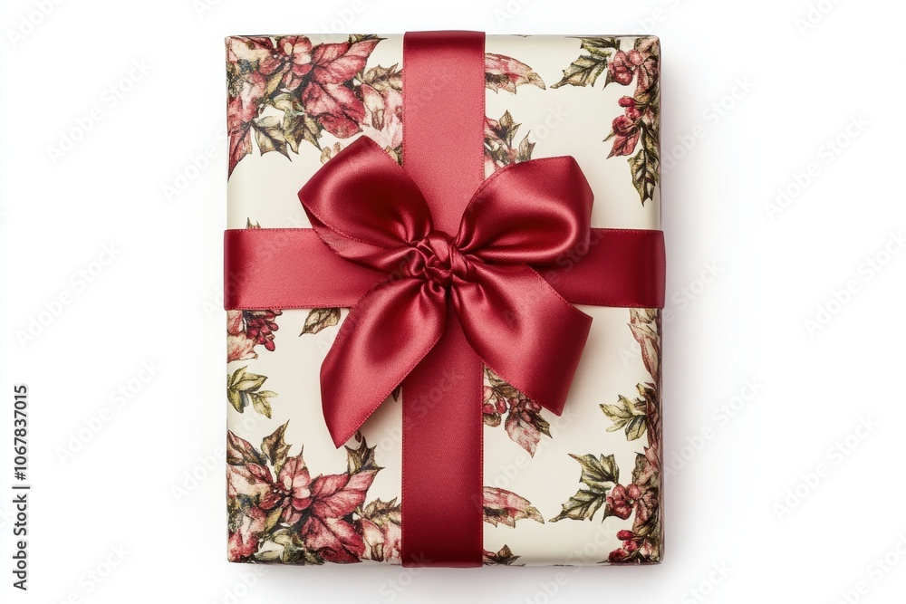 Wrapped gift box with a red ribbon bow isolated on a pure white background Wrapped gift box with a red ribbon bow isolated on a pure white background