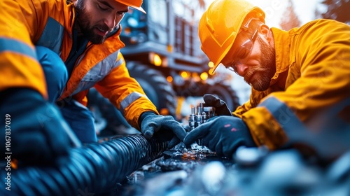 Two construction workers focus intently on machinery maintenance, showcasing collaboration and skill against a backdrop of heavy industrial machines and intricate mechanics. photo