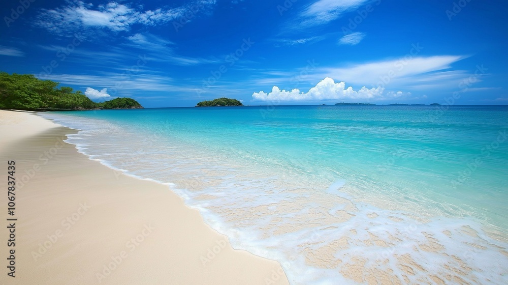 Tropical Paradise: Serenity and tranquility radiate from this breathtaking beach scene, with pristine white sand, turquoise waters, and a sky painted with cotton-candy clouds. Tropical Paradise: Serenity and tranquility radiate from this breathtaking beach scene, with pristine white sand, turquoise waters, and a sky painted with cotton-candy clouds.