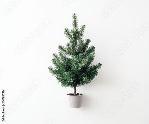 Small Christmas tree on white solid background top view