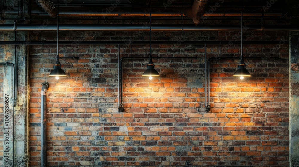 An industrial-style brick wall with exposed pipes and lighting, creating a trendy atmosphere for urban photography.
