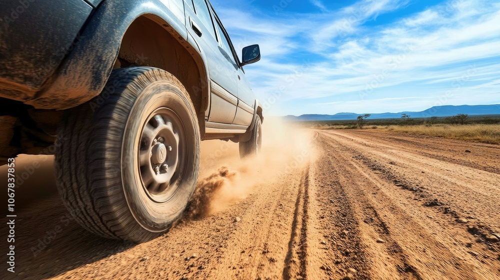 Close-up of a car driving through a dry, sandy desert, with dust swirling around the wheels against an endless, arid landscape Close-up of a car driving through a dry, sandy desert, with dust swirling around the wheels against an endless, arid landscape