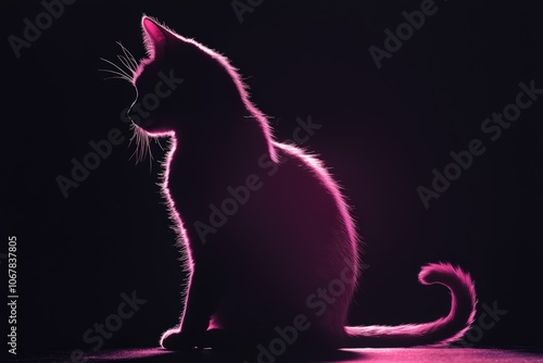 A cat silhouetted in pink is poised with grace and mystery against an intense black backdrop, offering a striking contrast and an aura of enigmatic elegance. photo