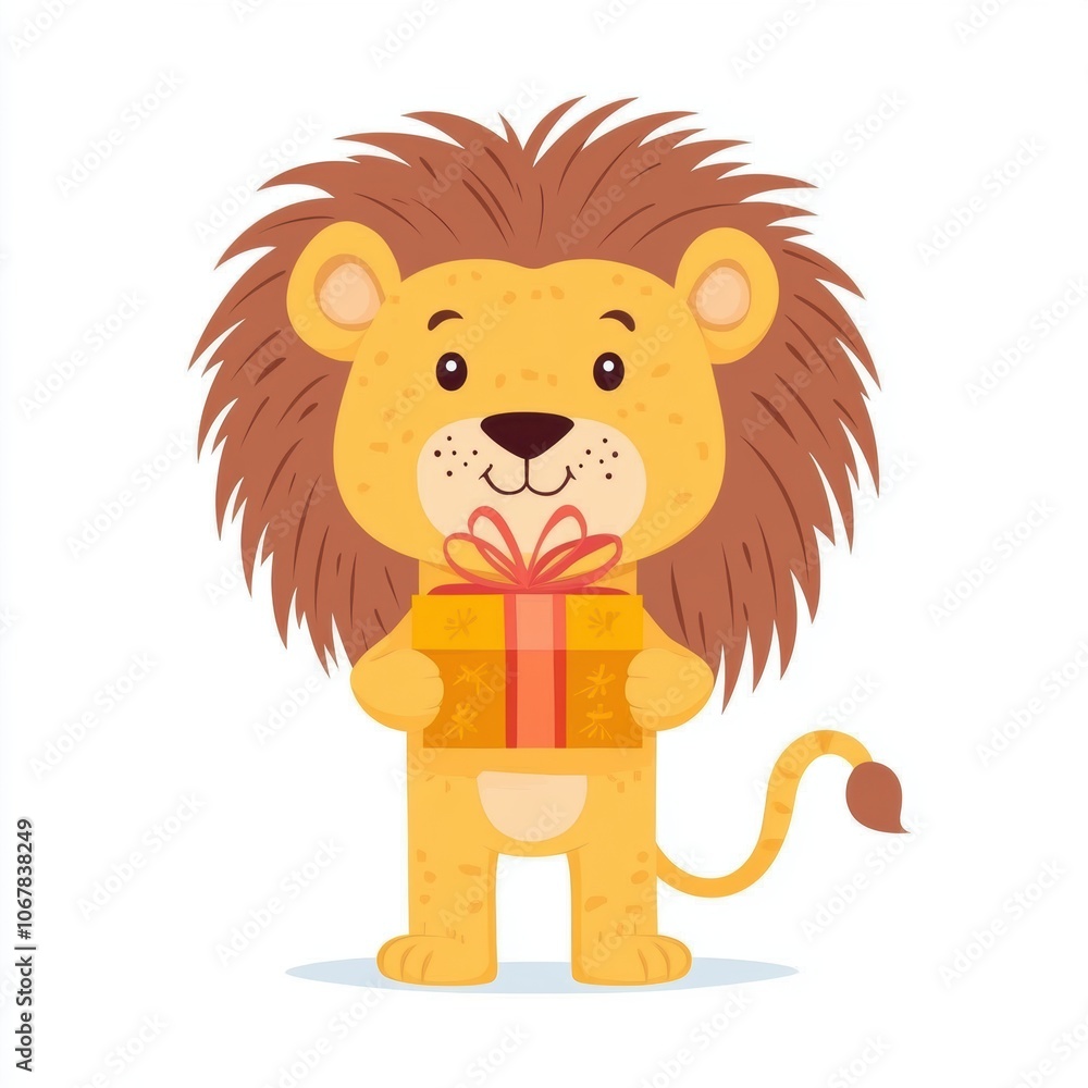 Cute lion holding a gift box isolated over white background. Cute lion holding a gift box isolated over white background.