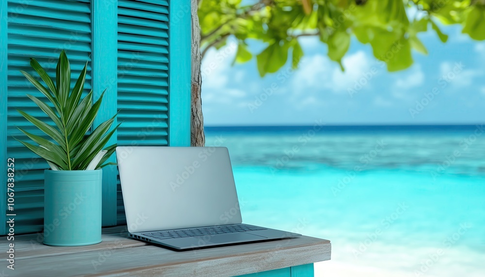 Digital nomad lifestyle, working from a laptop in a vibrant coworking space Digital nomad lifestyle, working from a laptop in a vibrant coworking space