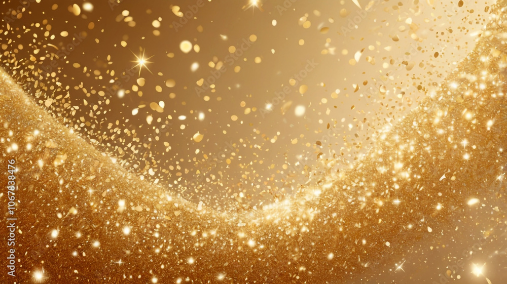 An elegant and shimmering gold glitter wave set against a warm golden background, creating a luxurious and celebratory atmosphere. Ideal for festive or glamorous designs. An elegant and shimmering gold glitter wave set against a warm golden background, creating a luxurious and celebratory atmosphere. Ideal for festive or glamorous designs.