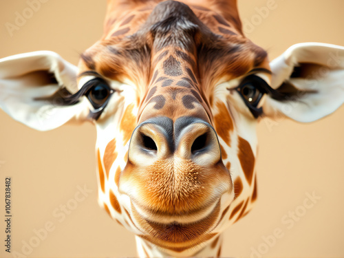 A close-up of a smiling giraffe at a safari reserve during a sunny day, capturing its unique features and playful demeanor
