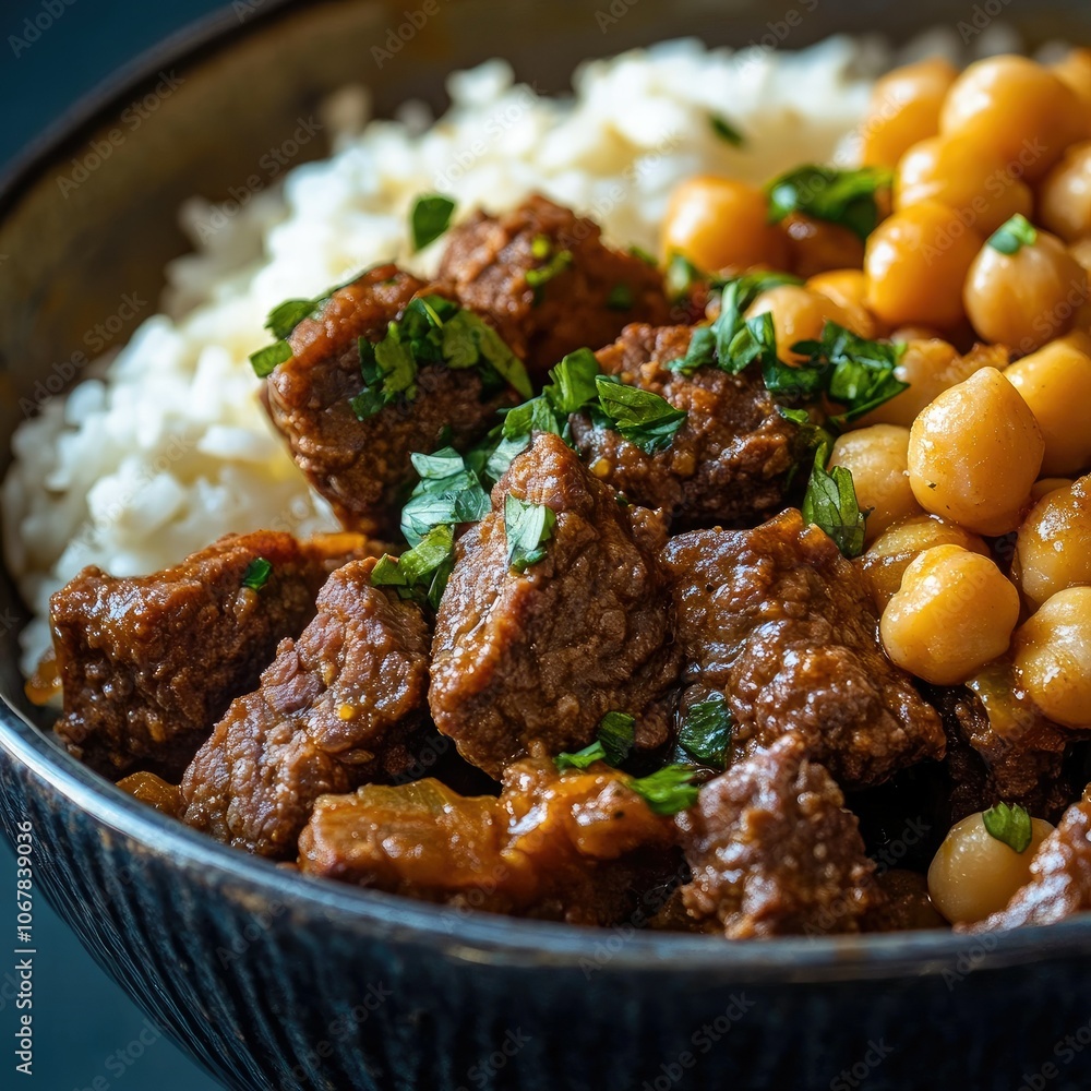 Close-Up of Bowl of Rice, Chickpeas, and Beef Cubes Close-Up of Bowl of Rice, Chickpeas, and Beef Cubes