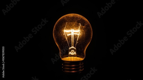 A single incandescent light bulb glows brightly against a black background.