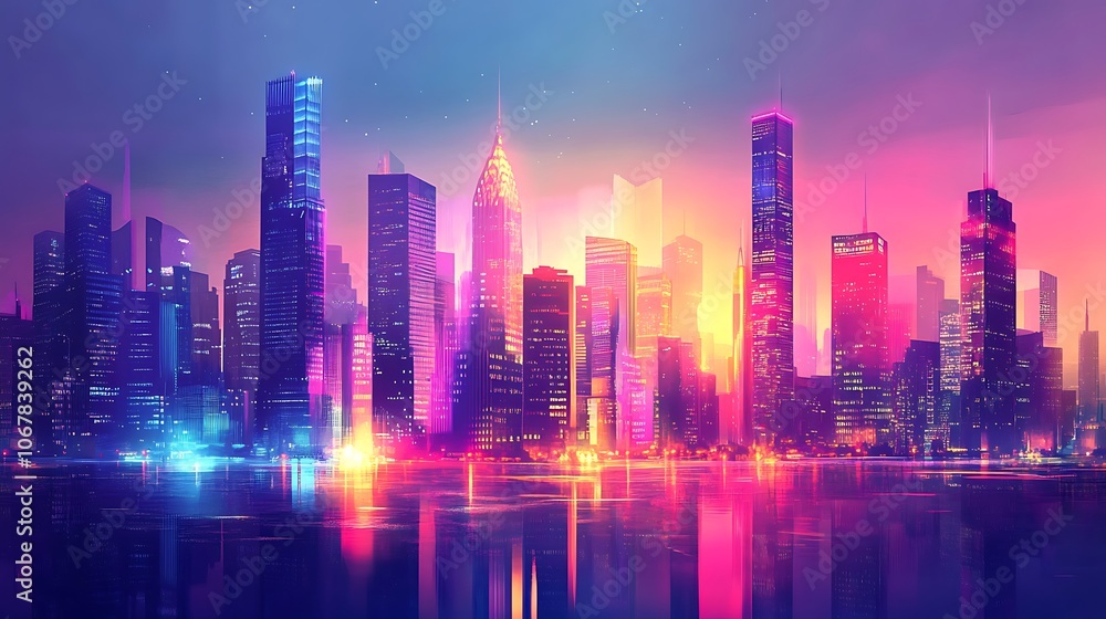 Neon City Skyline with Reflection in Water Neon City Skyline with Reflection in Water