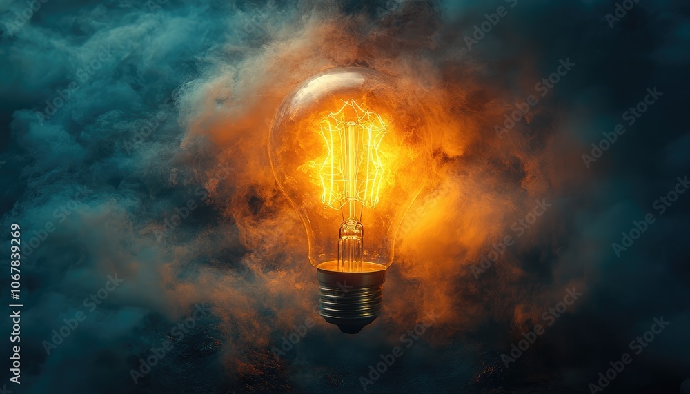 A glowing light bulb with smoke and fog. Perfect for a concept of idea, creativity, or innovation. A glowing light bulb with smoke and fog. Perfect for a concept of idea, creativity, or innovation.