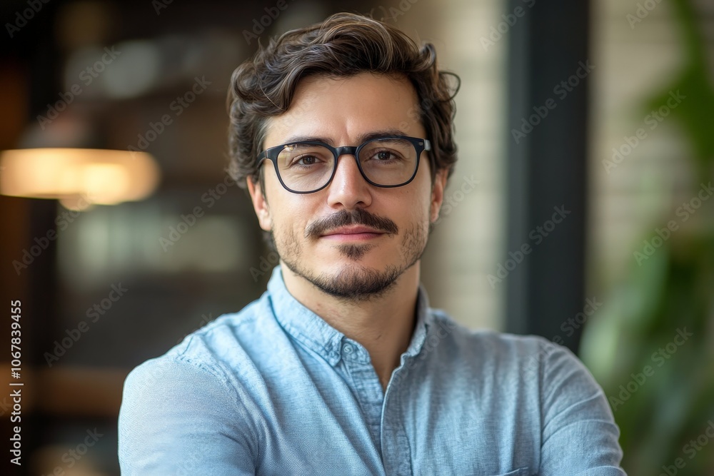 A portrait of a confident man wearing glasses, captured in natural light, exuding a genuine and approachable demeanor amidst a softly blurred indoor background setting. A portrait of a confident man wearing glasses, captured in natural light, exuding a genuine and approachable demeanor amidst a softly blurred indoor background setting.