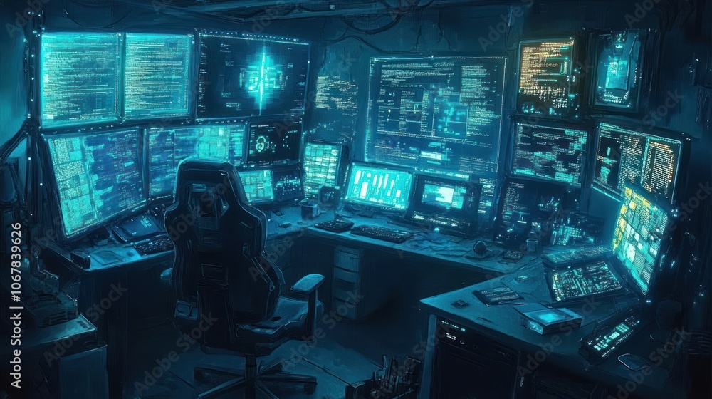 A hacker's workspace with multiple computer screens displaying code, data, and security breaches. A hacker's workspace with multiple computer screens displaying code, data, and security breaches.