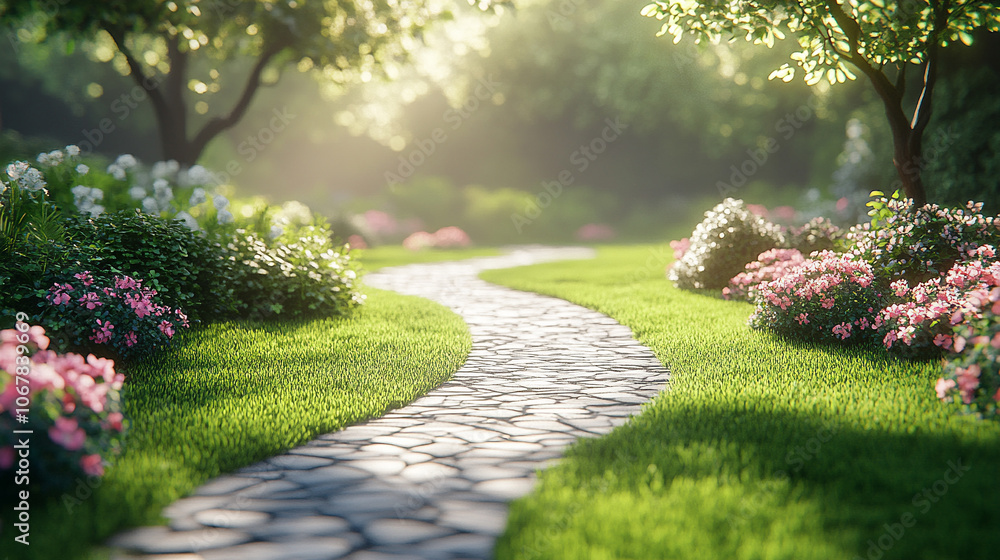 Obraz premium serene green park with lush grass and vibrant flowers, symbolizing tranquility and growth. The natural landscape highlights harmony, peace, and the beauty of open, refreshing outdoor spaces