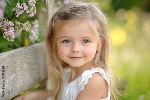 A charming young girl with a bright smile poses sweetly by a rustic wooden fence surrounded by flowers, embodying innocence and joy on a sunny day. photo