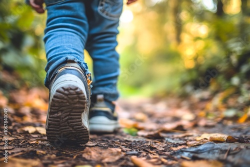 A child in jeans and sneakers is walking down a forest path covered in fallen autumn leaves, portraying a sense of adventure and childhood exploration.