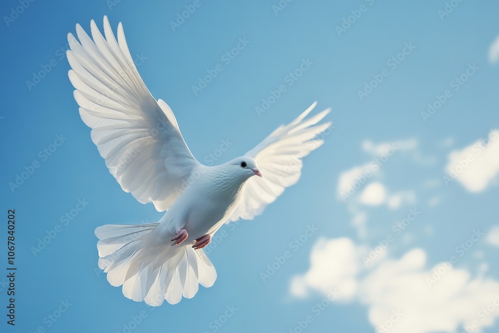 Obraz premium A pure white dove with outstretched wings gracefully soars through a bright blue sky, symbolizing peace and tranquility on a sunny day.