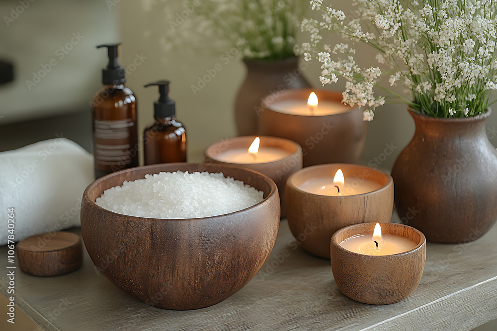 Elegant bathroom set with sea salt and essential oils, arranged with candles and towels, creating a soothing spa-like atmosphere with natural wellness products.
Elegant bathroom set with sea salt and essential oils, arranged with candles and towels, creating a soothing spa-like atmosphere with natural wellness products.