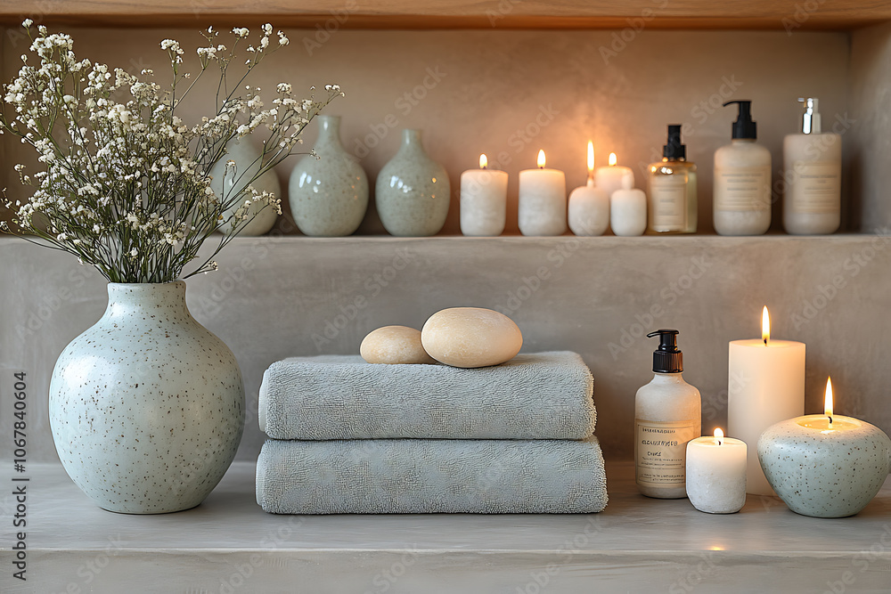 Elegant bathroom set with sea salt and essential oils, arranged with candles and towels, creating a soothing spa-like atmosphere with natural wellness products.
Elegant bathroom set with sea salt and essential oils, arranged with candles and towels, creating a soothing spa-like atmosphere with natural wellness products.