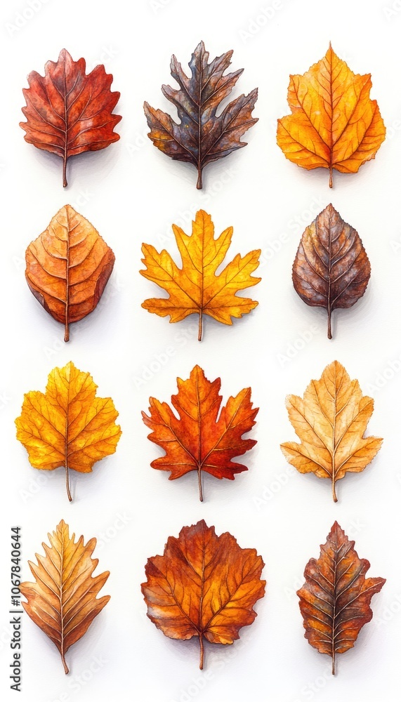 Fototapeta premium Twelve watercolor leaves in various shades. Ideal for fall-themed projects or nature illustrations.