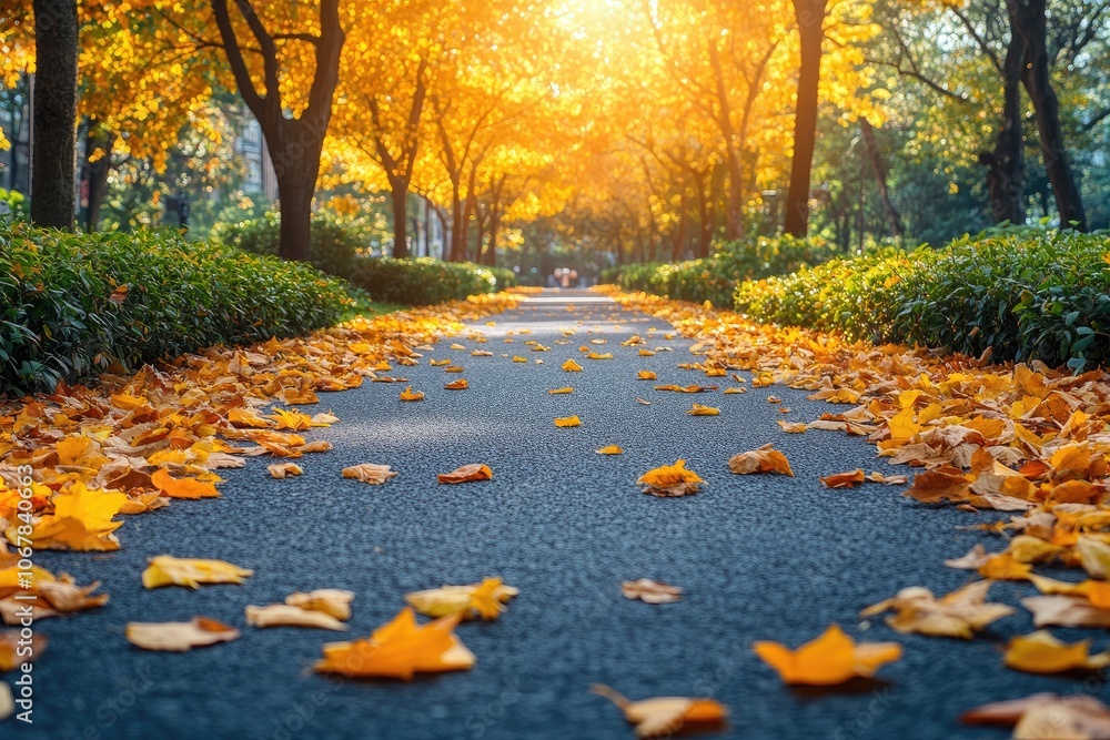 Pathway lined with autumn leaves. This photo shows a path covered in fallen leaves, ideal for projects about nature, autumn, or walking.