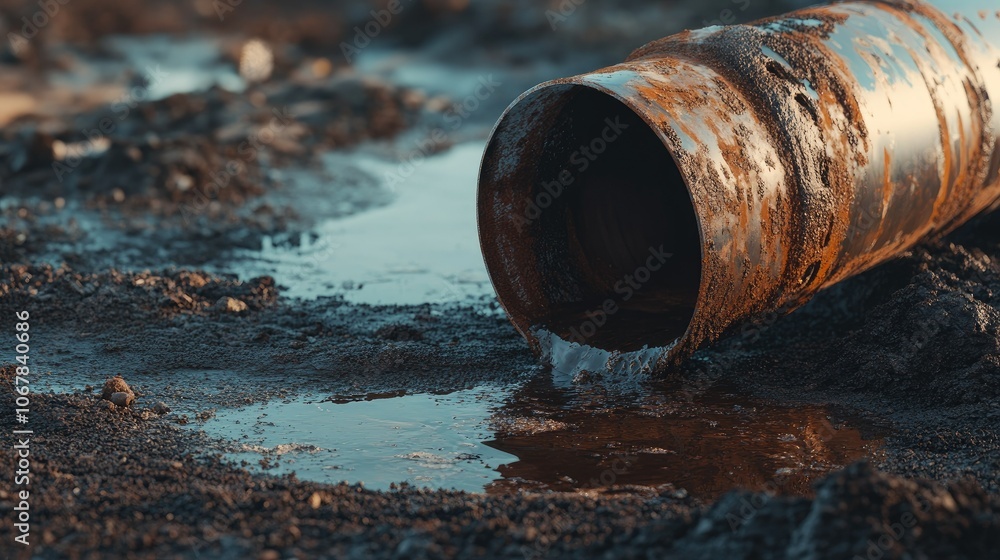 Industrial pipe spilling dirty water onto soil, rust stains visible, concept of contamination and decay Industrial pipe spilling dirty water onto soil, rust stains visible, concept of contamination and decay