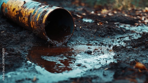 Industrial pipe spilling dirty water onto soil, rust stains visible, concept of contamination and decay