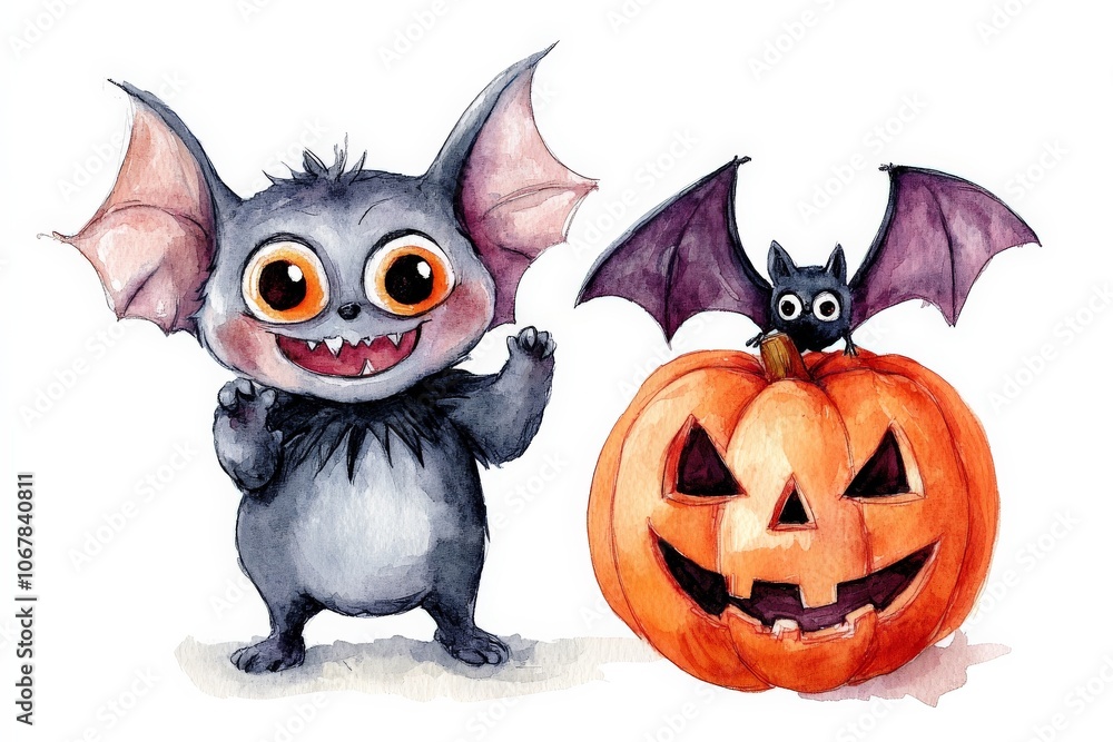Fototapeta premium This delightful image captures a bat child next to a smiling pumpkin, illustrating the whimsical and fun aspects of Halloween with a playful and lighthearted tone.