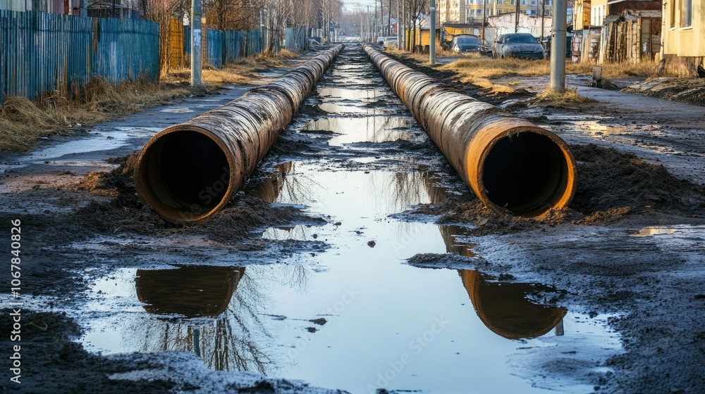Large sewage pipes aligned along urban street, wet ground and dirty water pooling around, industrial area Large sewage pipes aligned along urban street, wet ground and dirty water pooling around, industrial area