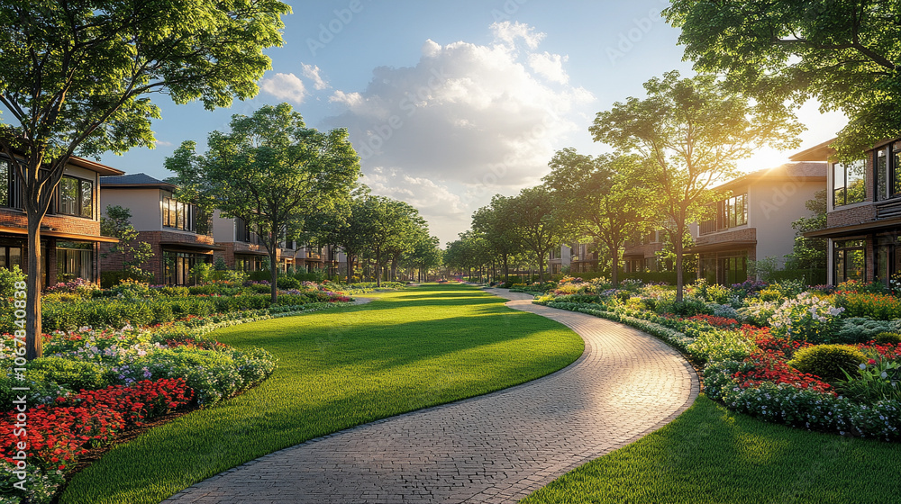 Fototapeta premium serene green park with lush grass and vibrant flowers, symbolizing tranquility and growth. The natural landscape highlights harmony, peace, and the beauty of open, refreshing outdoor spaces