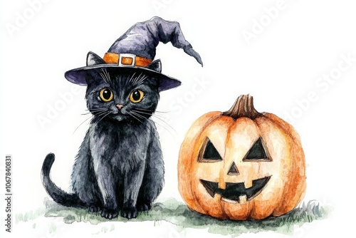 A whimsical art piece featuring a black cat with a pointed witch hat beside a grinning pumpkin, embodying Halloween’s magical and eerie enchantment. photo