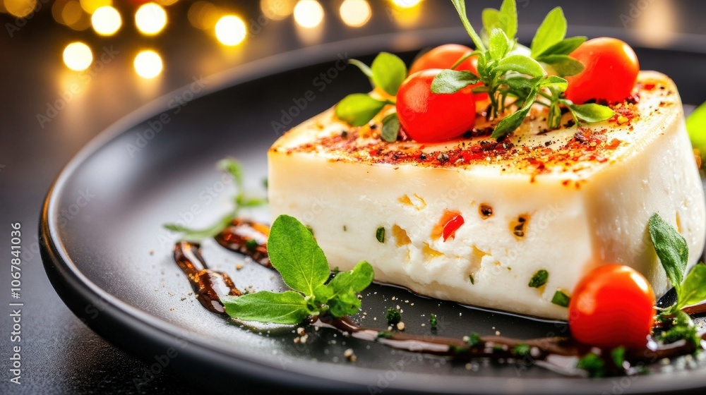 Gourmet cheese with cherry tomatoes and herbs on a black plate, AI Gourmet cheese with cherry tomatoes and herbs on a black plate, AI