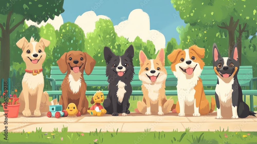 Naklejka premium A joyful group of cartoon dogs sits together on a park bench, each smiling with toys nearby, surrounded by lush greenery and flowers on a sunny day.