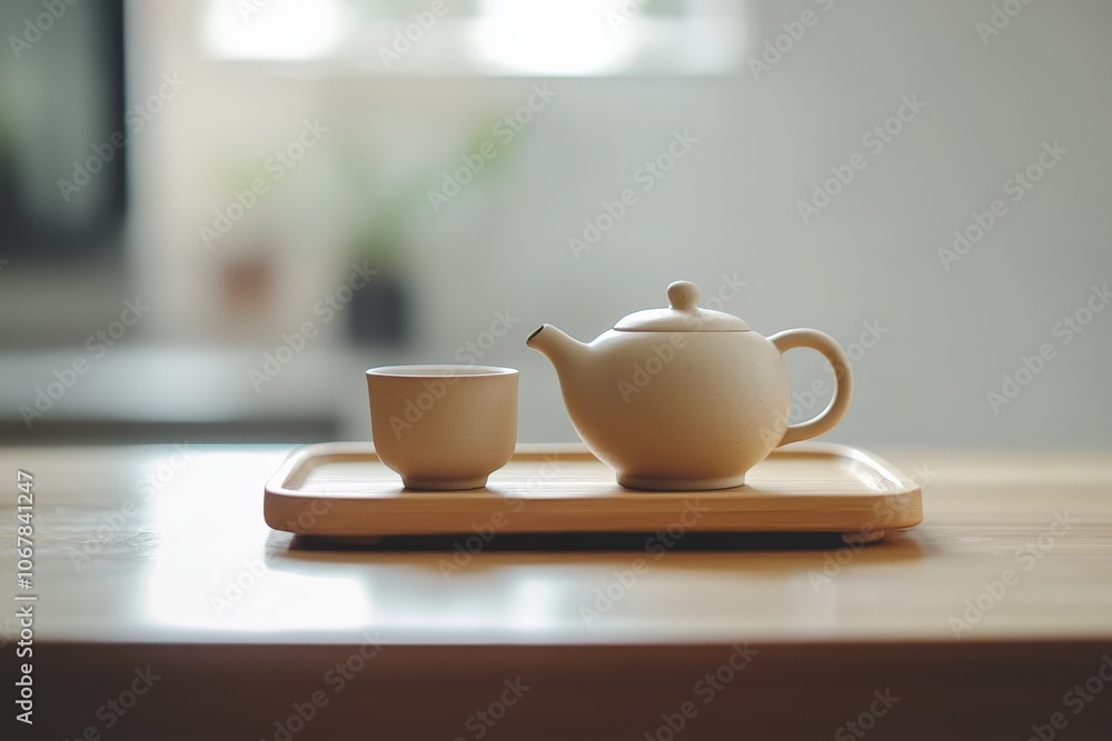 A minimalistic teapot and matching cup sit on a smooth wooden tray, with a softly blurred background for a clean, serene, and modern aesthetic in the sunlight. A minimalistic teapot and matching cup sit on a smooth wooden tray, with a softly blurred background for a clean, serene, and modern aesthetic in the sunlight.